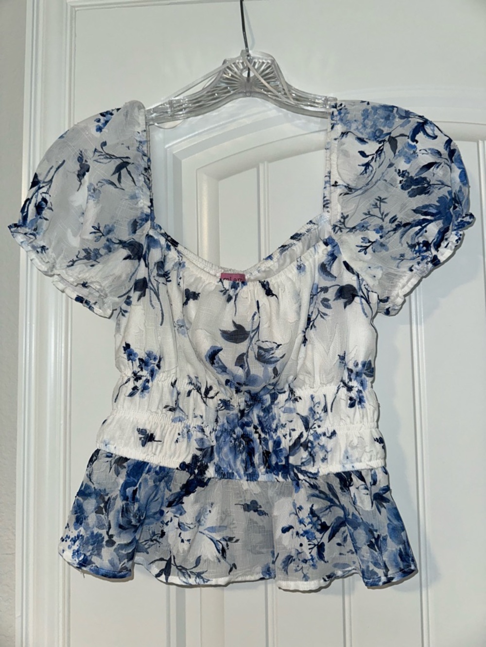 miami White and Blue Floral Puff-Sleeve Peplum Top